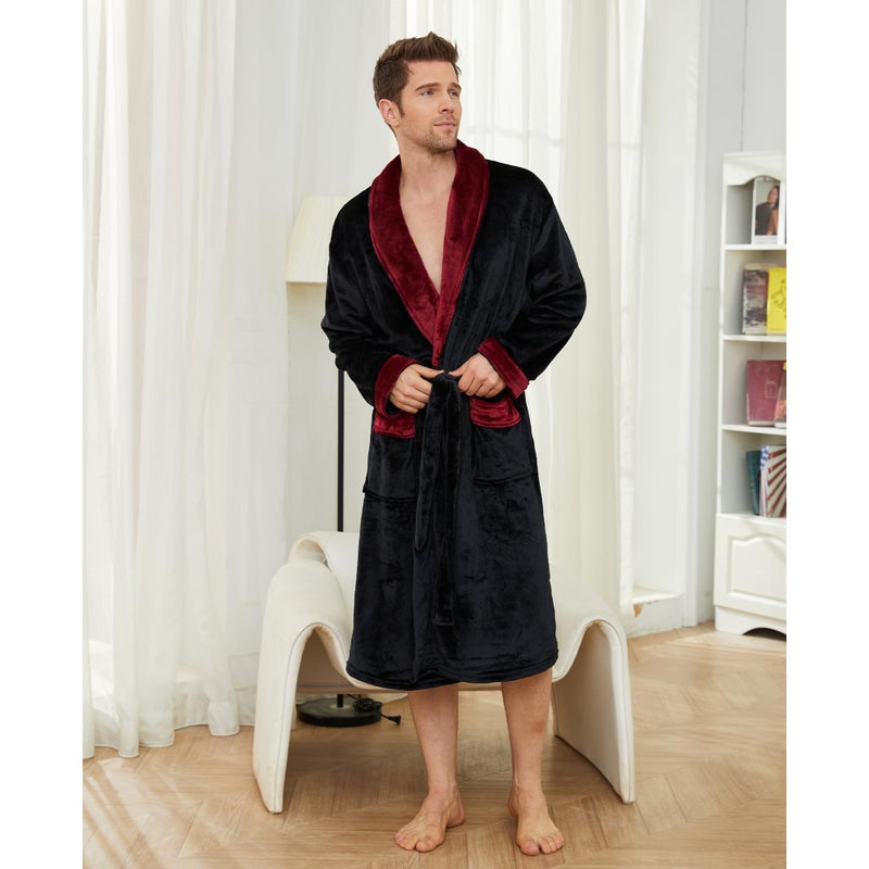 U2SKIIN Mens Fleece Robe Plush Collar Shawl Bathrobe(Black/Dark Red,L/XL) - Image 3